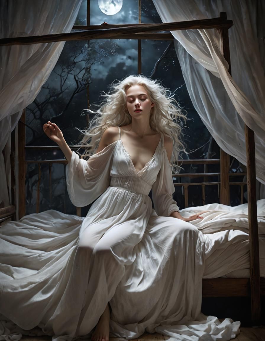 Dreamlike Woman Floats Above Sleeping Child