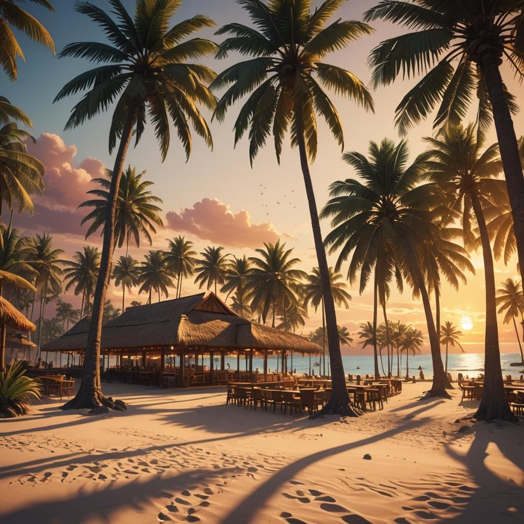 Tropical Beach Sunset in 3D Anime Style