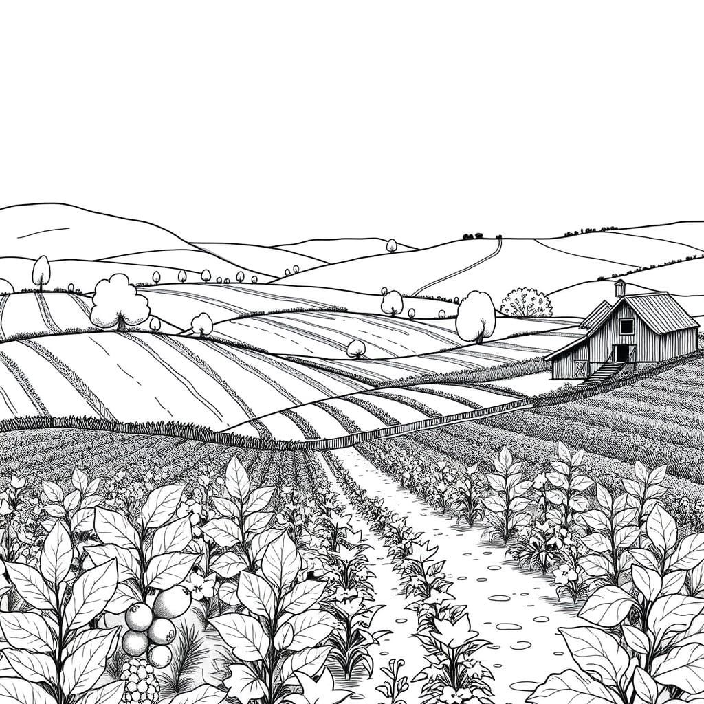 Farmland Black and White Sketch in Rustic Style