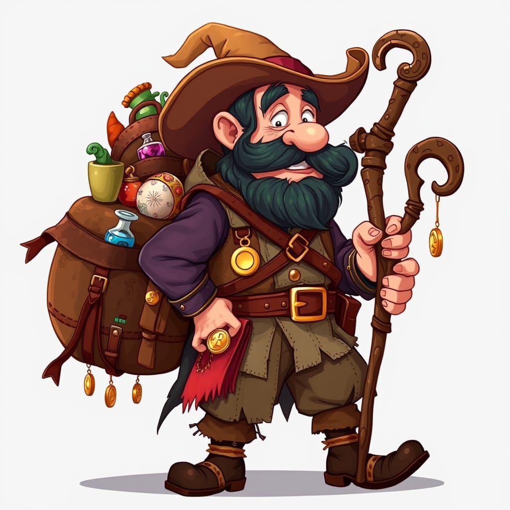 Whimsical Fantasy Merchant in Colorful, Patchwork Attire