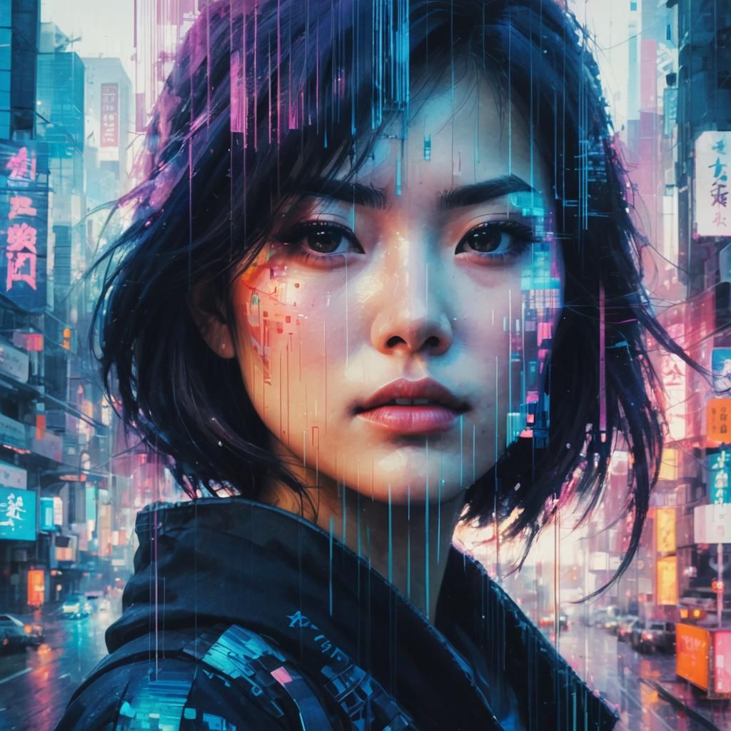 Japanese Girl Double Exposure in Glitch Art Style