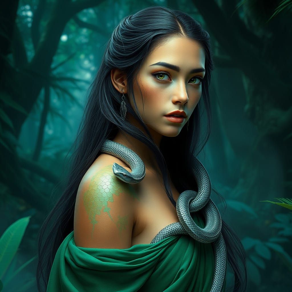 Young Mystical Woman with Emerald Scales and Snake Adornment