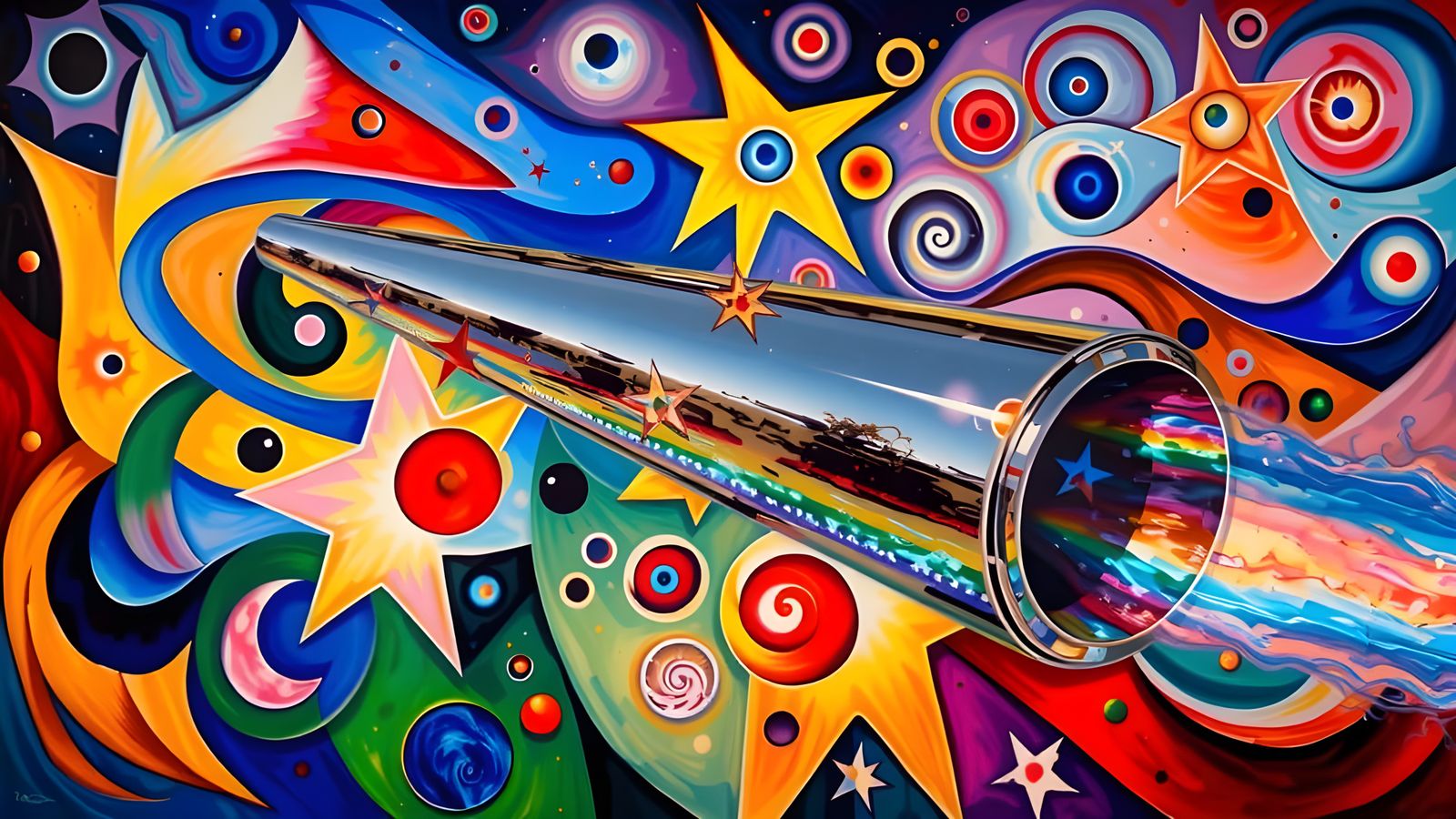 Vibrant Rainbow Cylinder with Impasto Vortex and Stars