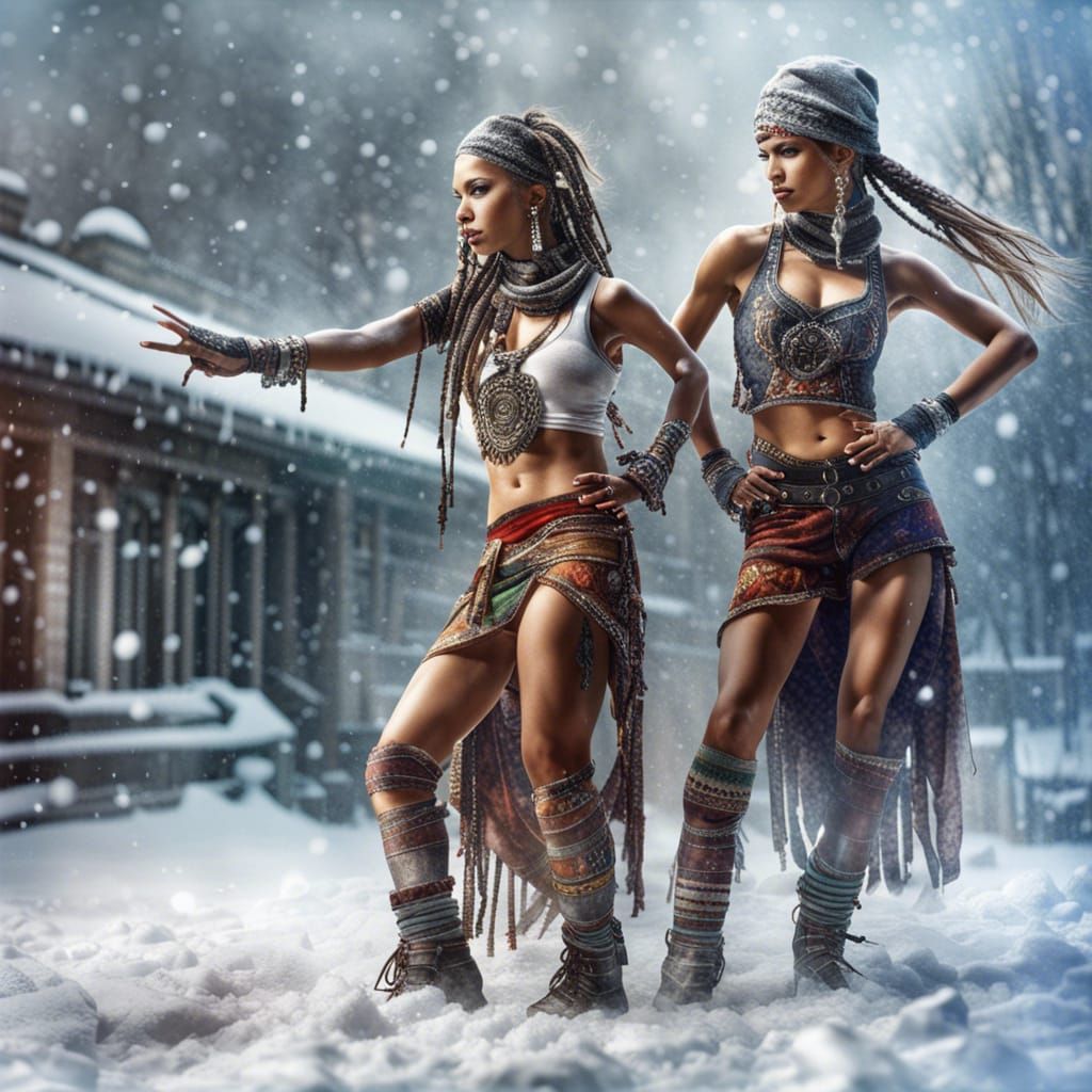 Hip-Hop Dancers in Snowy Landscape, Luis Royo Style