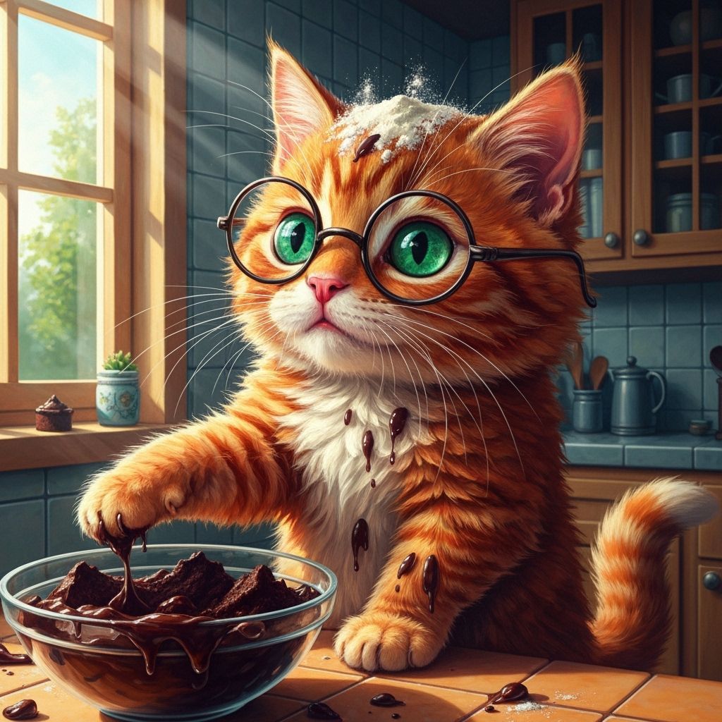 Fluffy Kitten Baking Chocolate Cake in Detailed Kitchen