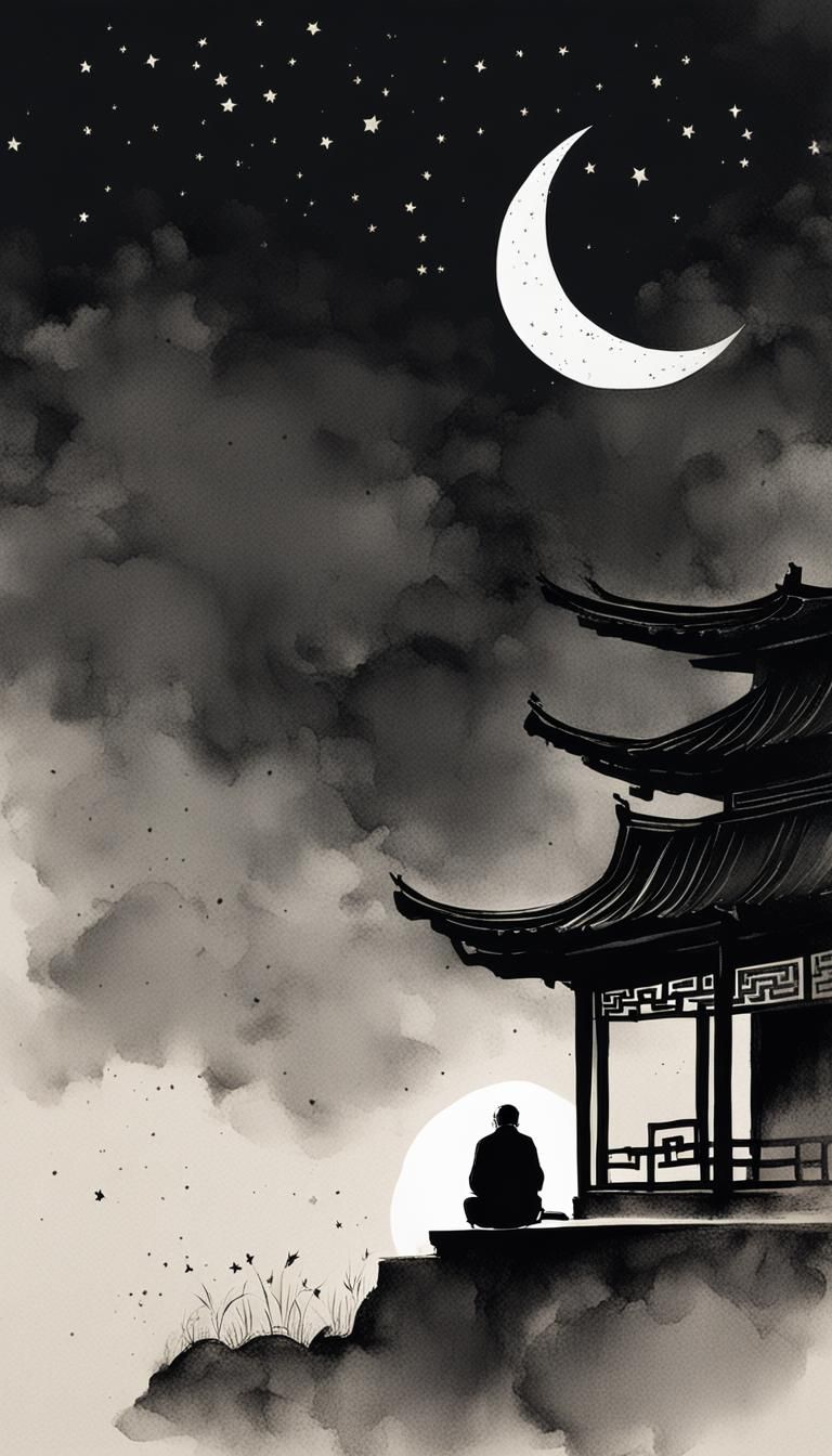 Minimalist Ink Painting of Old Man at Window