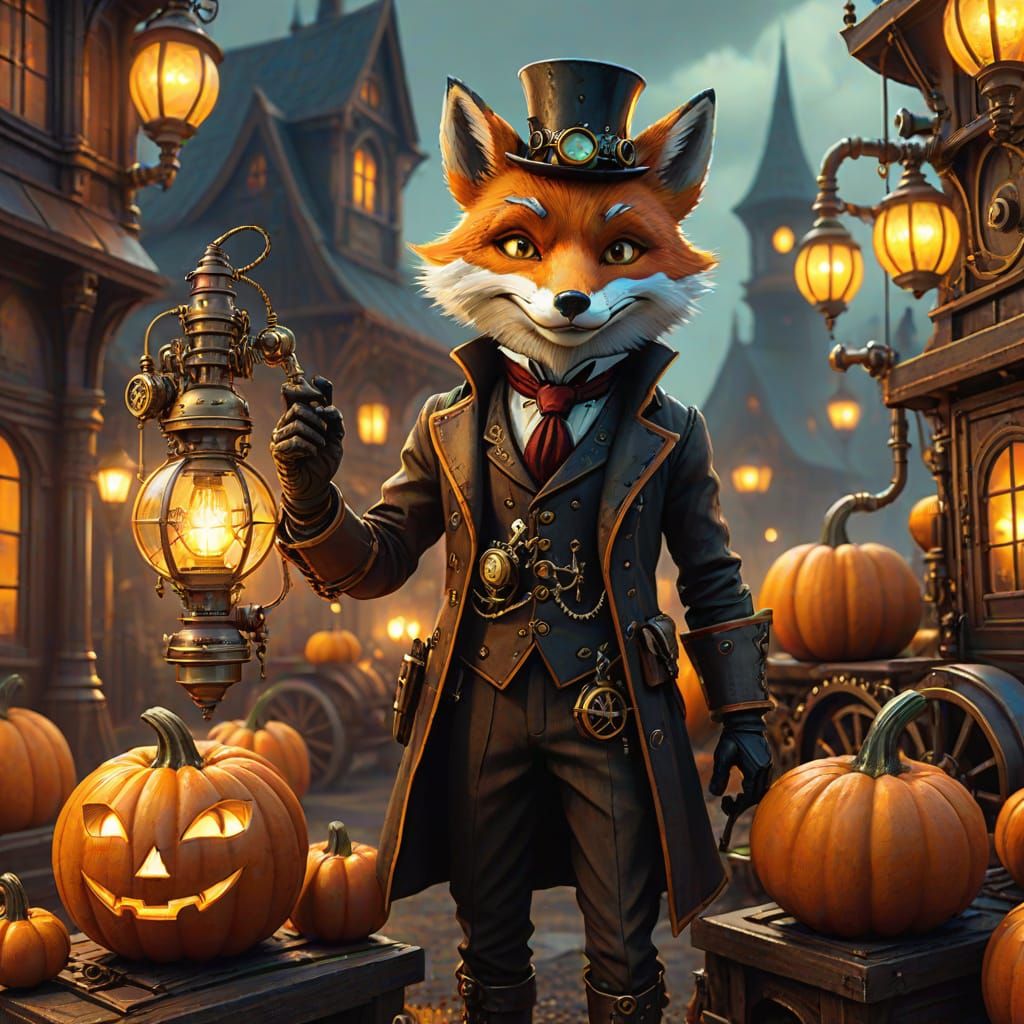 Steampunk Fox Tinkers With Clockwork Near Glowing Pumpkins