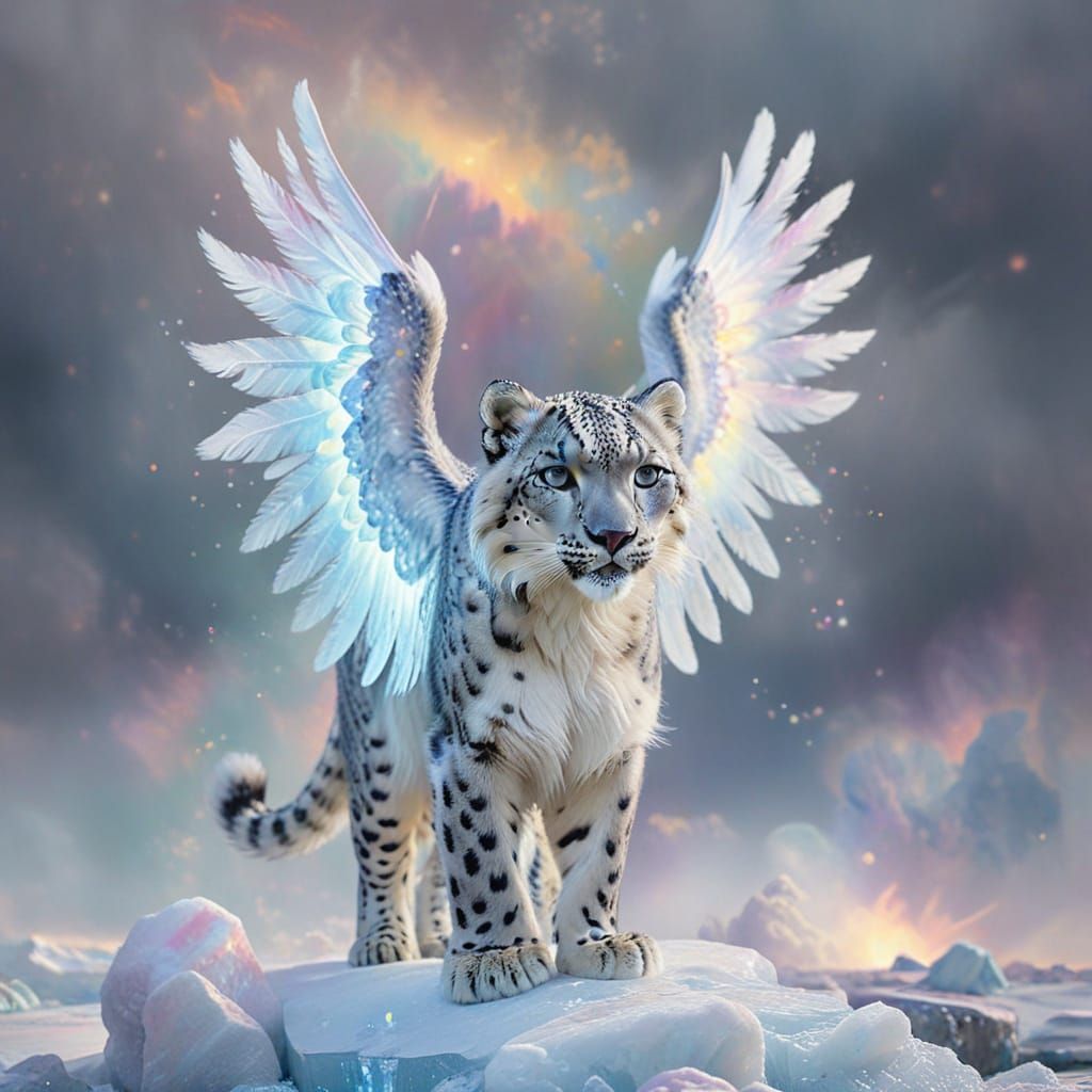 Heavenly Snow Leopard with Wings in Ethereal Watercolor