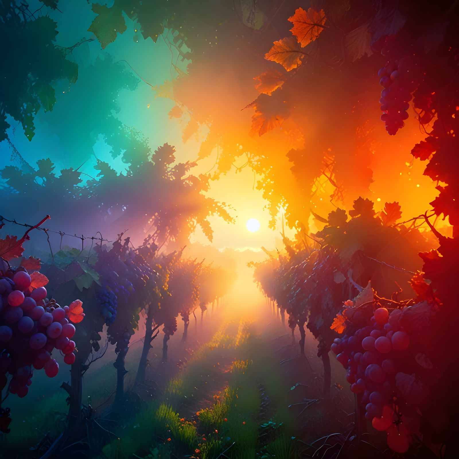 Golden Vineyard at Sunrise in a Misty, Ultra Detailed Landsc...