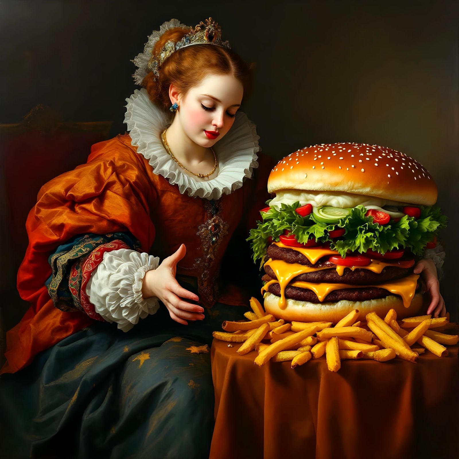 Queen Dwarfed by Happy Meal, Baroque Oil Painting