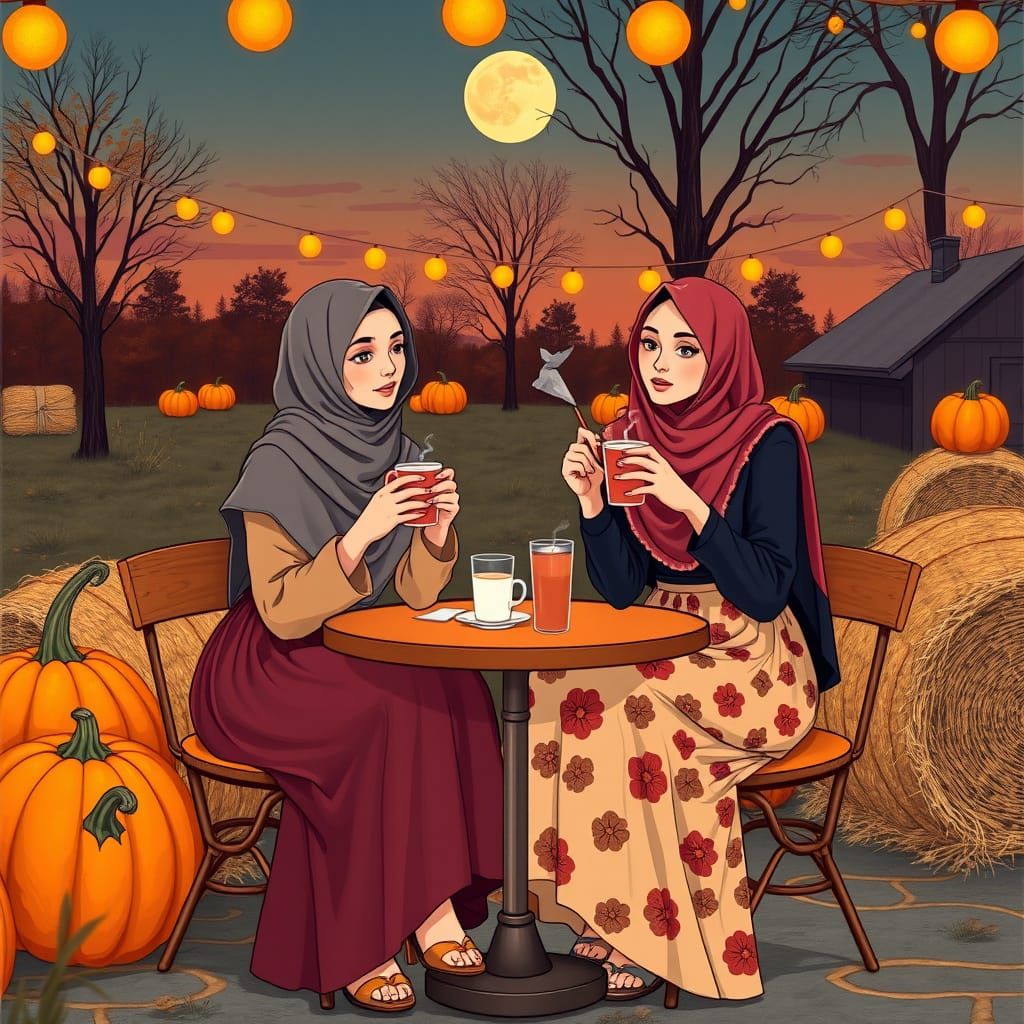 Hijabis at Autumn Cafe in Retro-Futurist Style