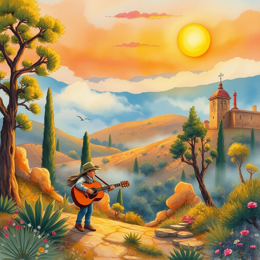 Whimsical Spanish Dreamscape in Vibrant Watercolor