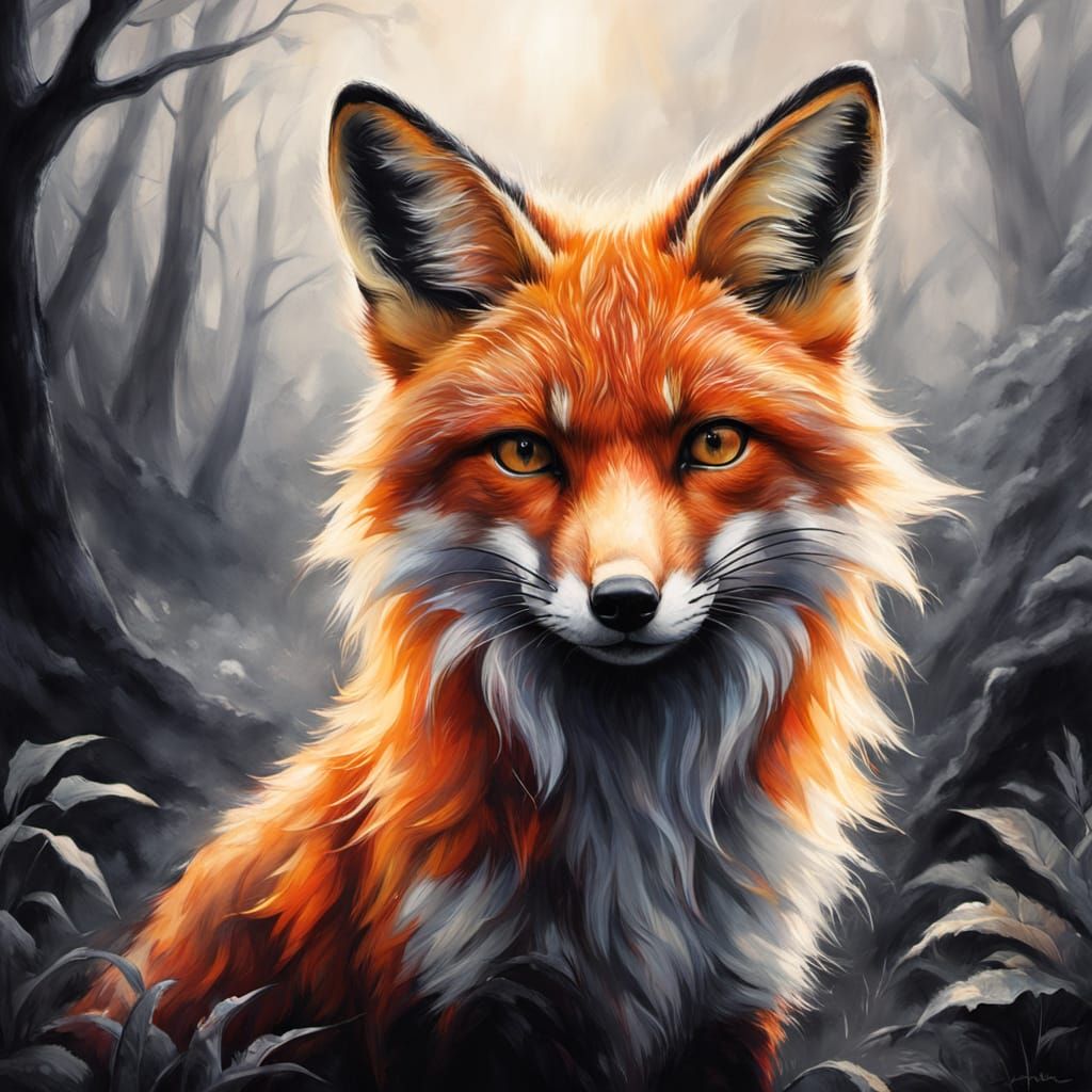 Fox Resting in Mist: Ethereal Gouache Charcoal Art