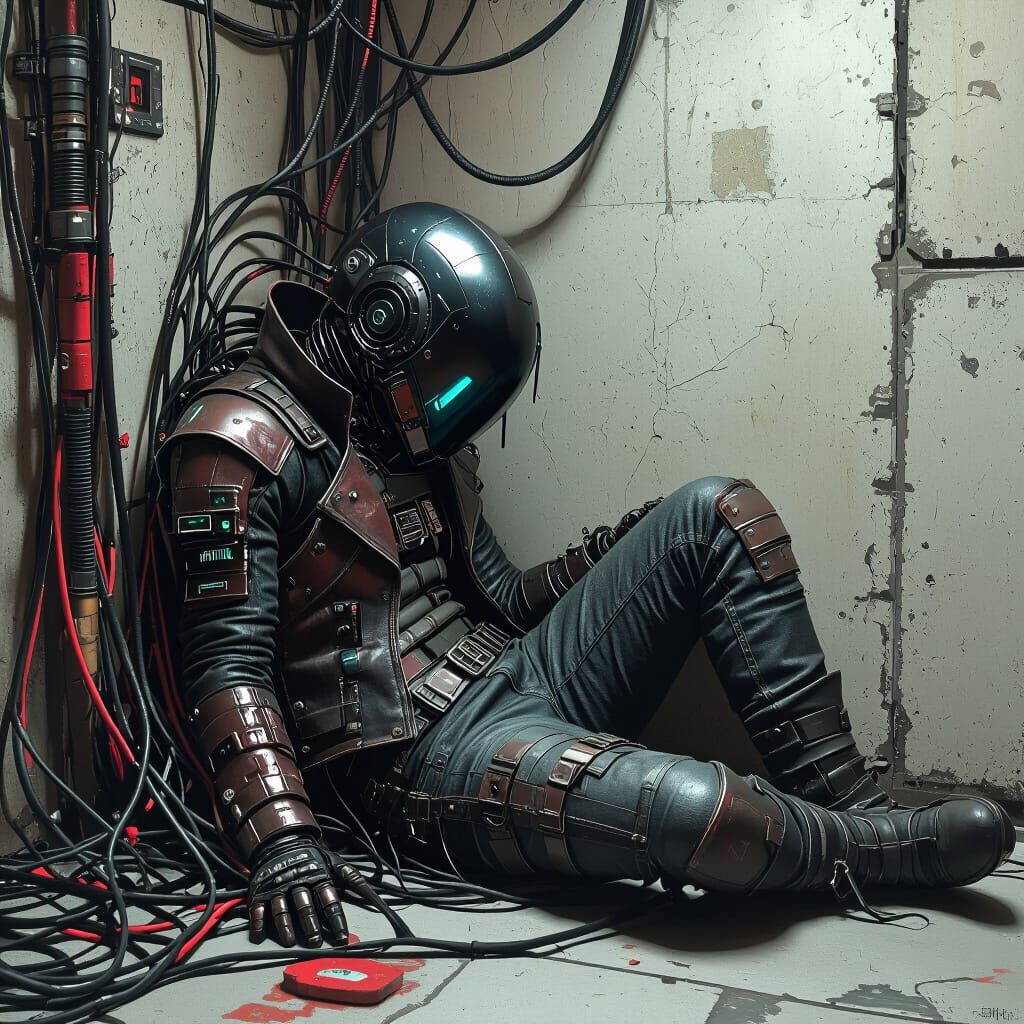 Despairing Techno Punk in Dimly Lit Corner