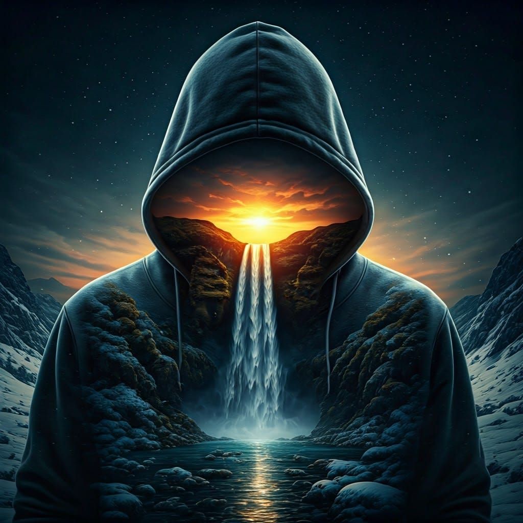 Hooded Figure with Landscape, Ultra-Realistic Image