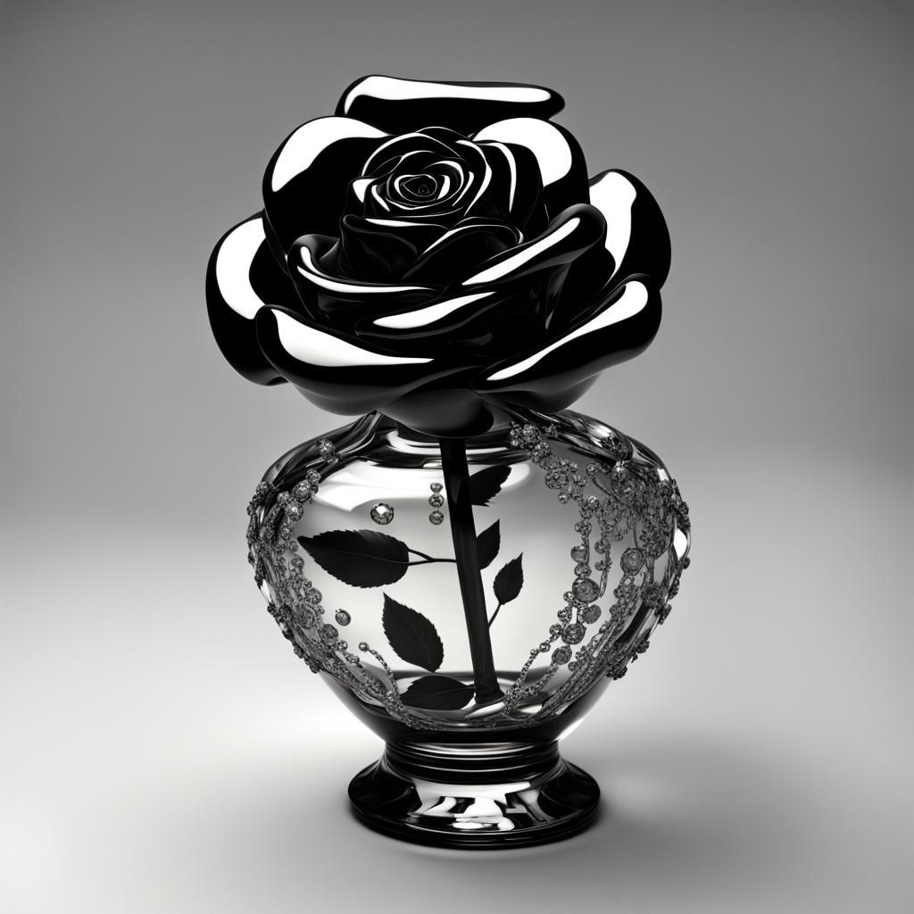 Hyperrealistic Black Rose in Elaborate Crystal Vase