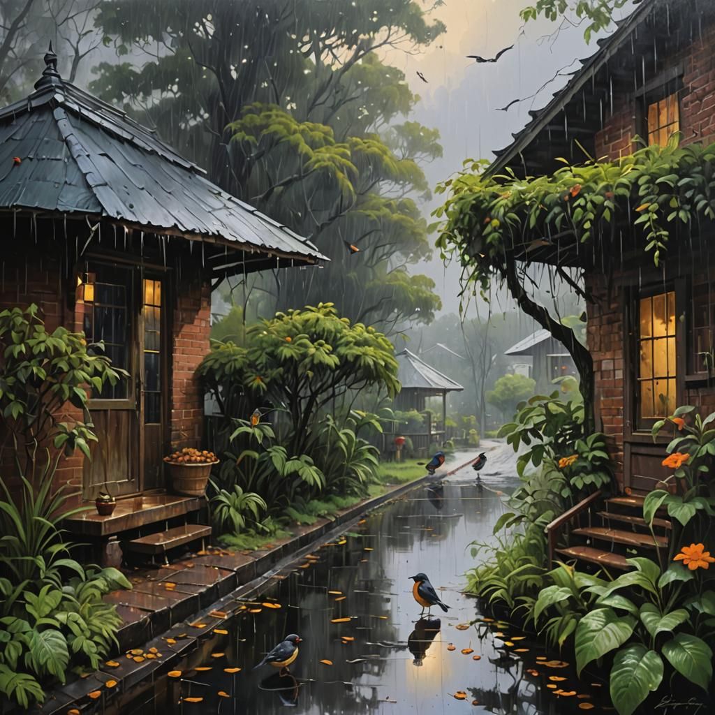 Rainy Morning Birdsong: Oil Painting