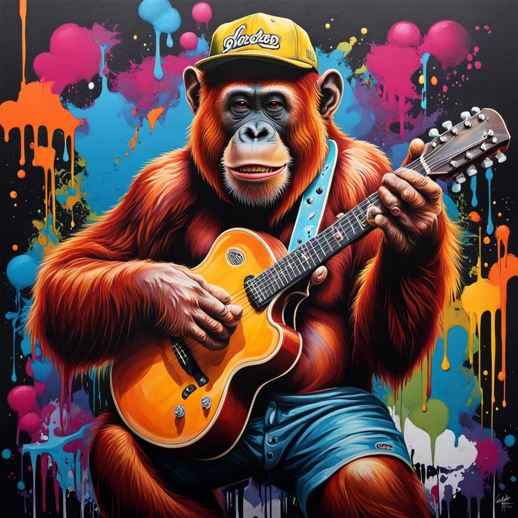 Hyperrealistic Orangutan Guitarist in Graffiti Art Style