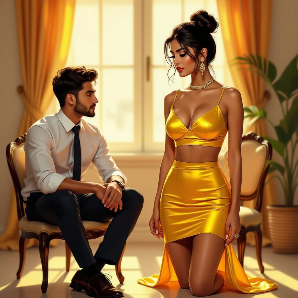 Stunning Indian Woman in Yellow Mini-Skirt, Digital Painting