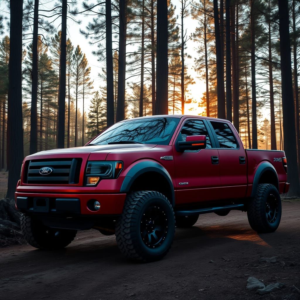 Matte Red Ford F-150 on Forest Trail