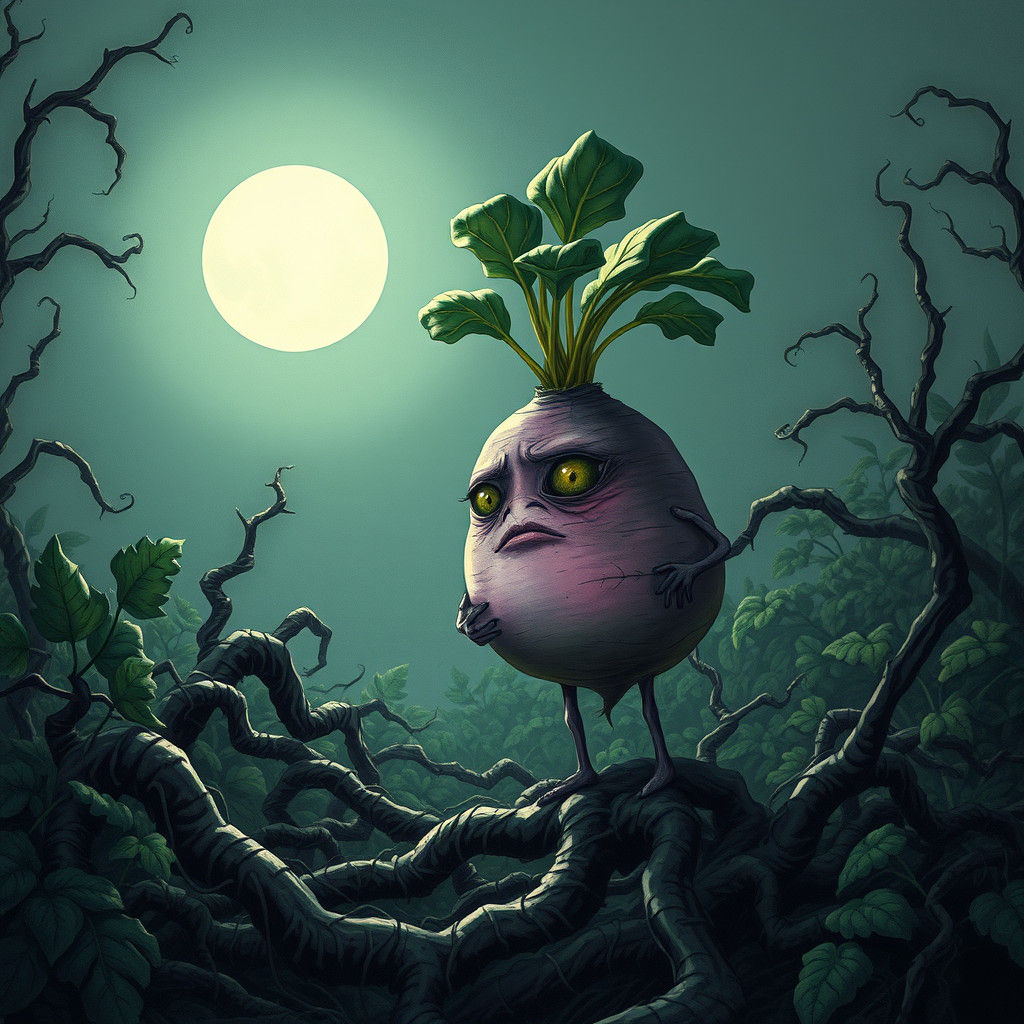 Terrified Turnip in a Haunting Garden Illustration
