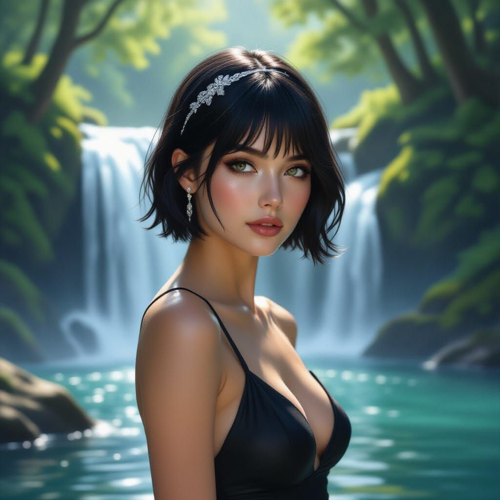 Ethereal Woman by Forest Waterfall