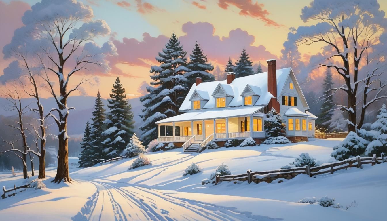 Picturesque Winter Landscape Painting at Sunset