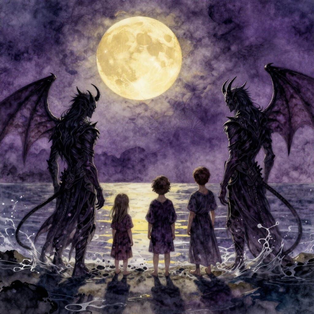 Demonic Family Bathed in Moonlight Watercolor Masterpiece