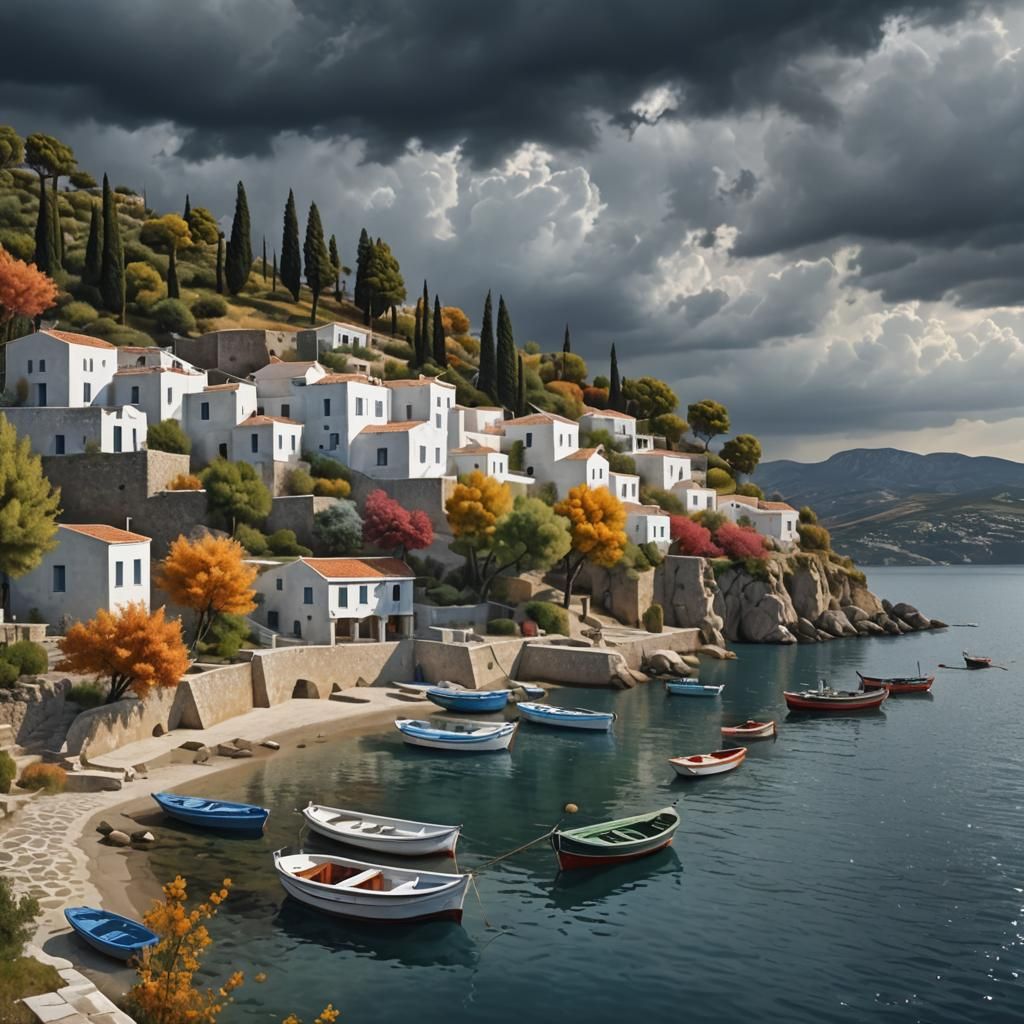 Greek Seaside Village in Autumn, Photorealistic Style