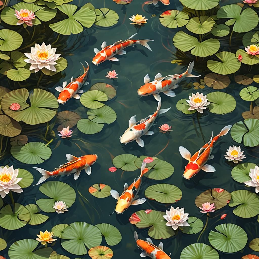 Koi Fish in Serene Pond: Hyper-Realistic Digital Art