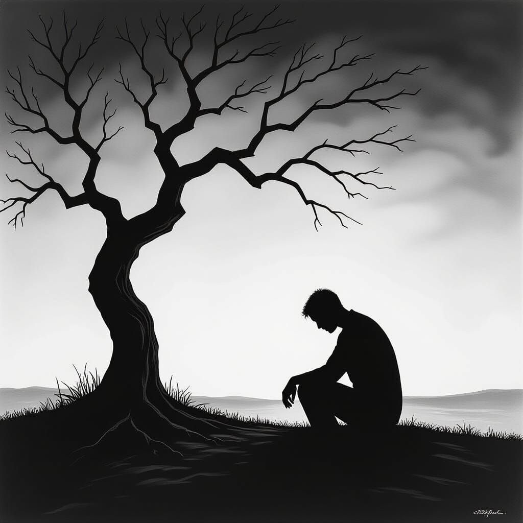 Man's Despair Under Barren Tree in Black and White