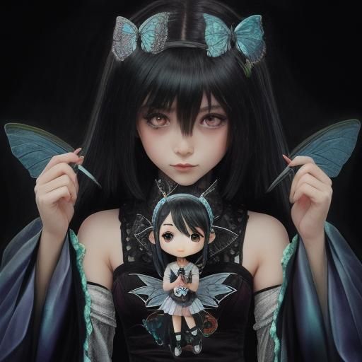 (Chibi sulky  goth fairy with tattered  butterfly winged fai...