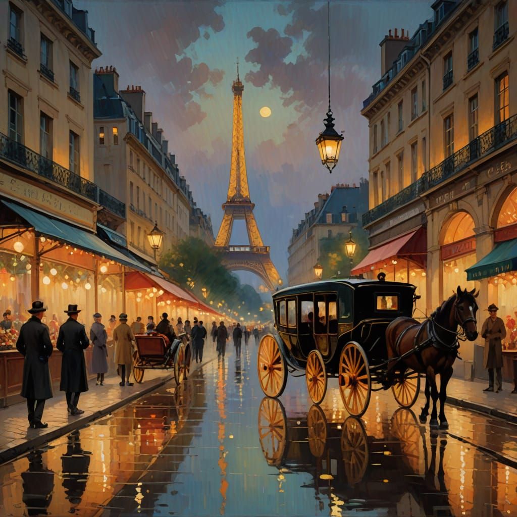 Impressionist Parisian Night Market Under Golden Glow