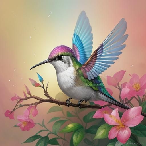 Hummingbird Feeds in Enchanted Forest: Chibi Cartoon Style