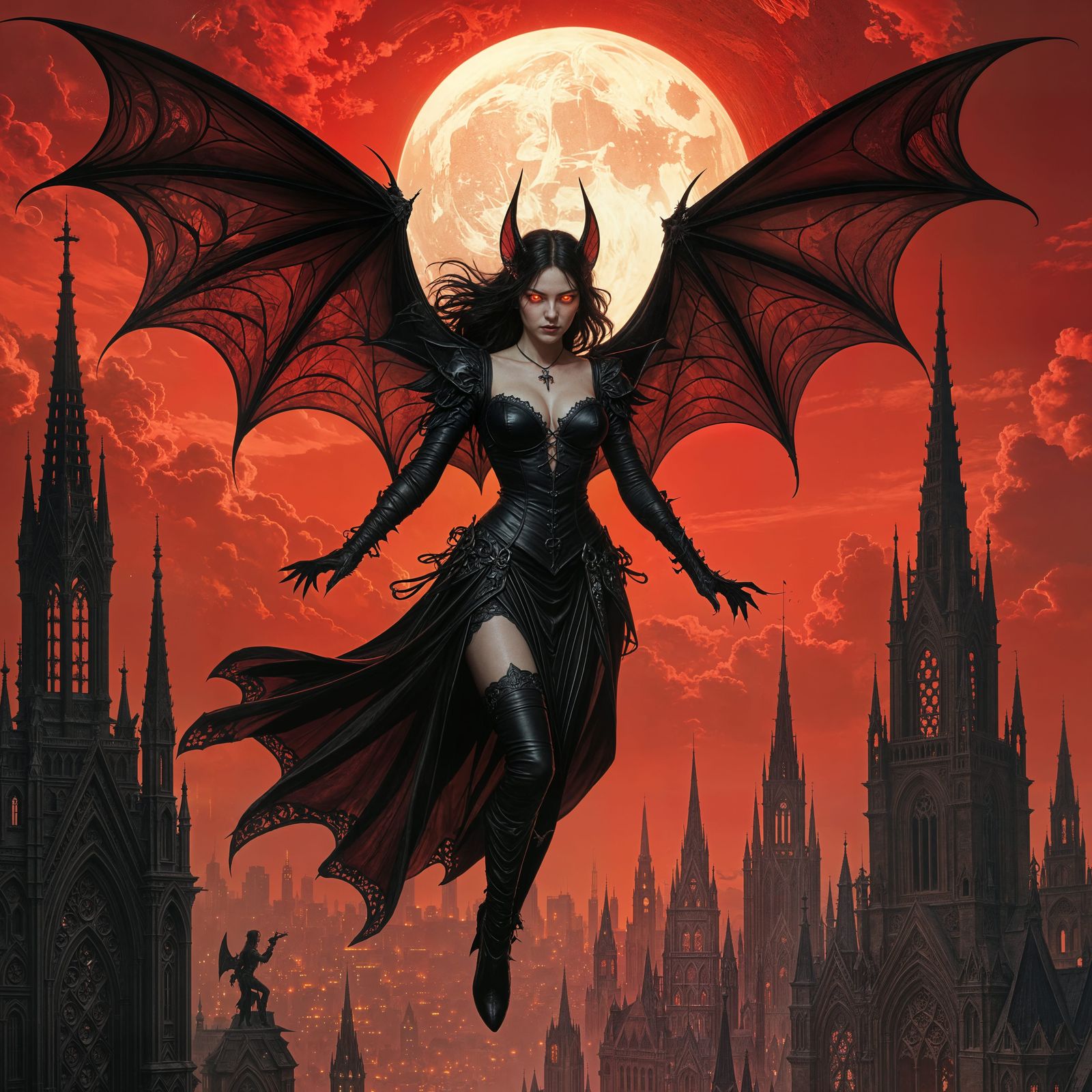 Gothic Fairy Soaring Above Crimson Cityscape