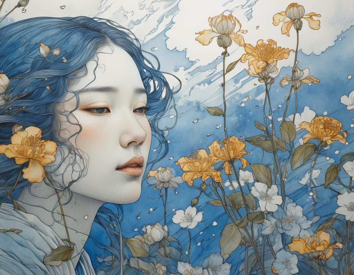 Serene Woman's Face Emerges From Spring Flowers in Watercolo...