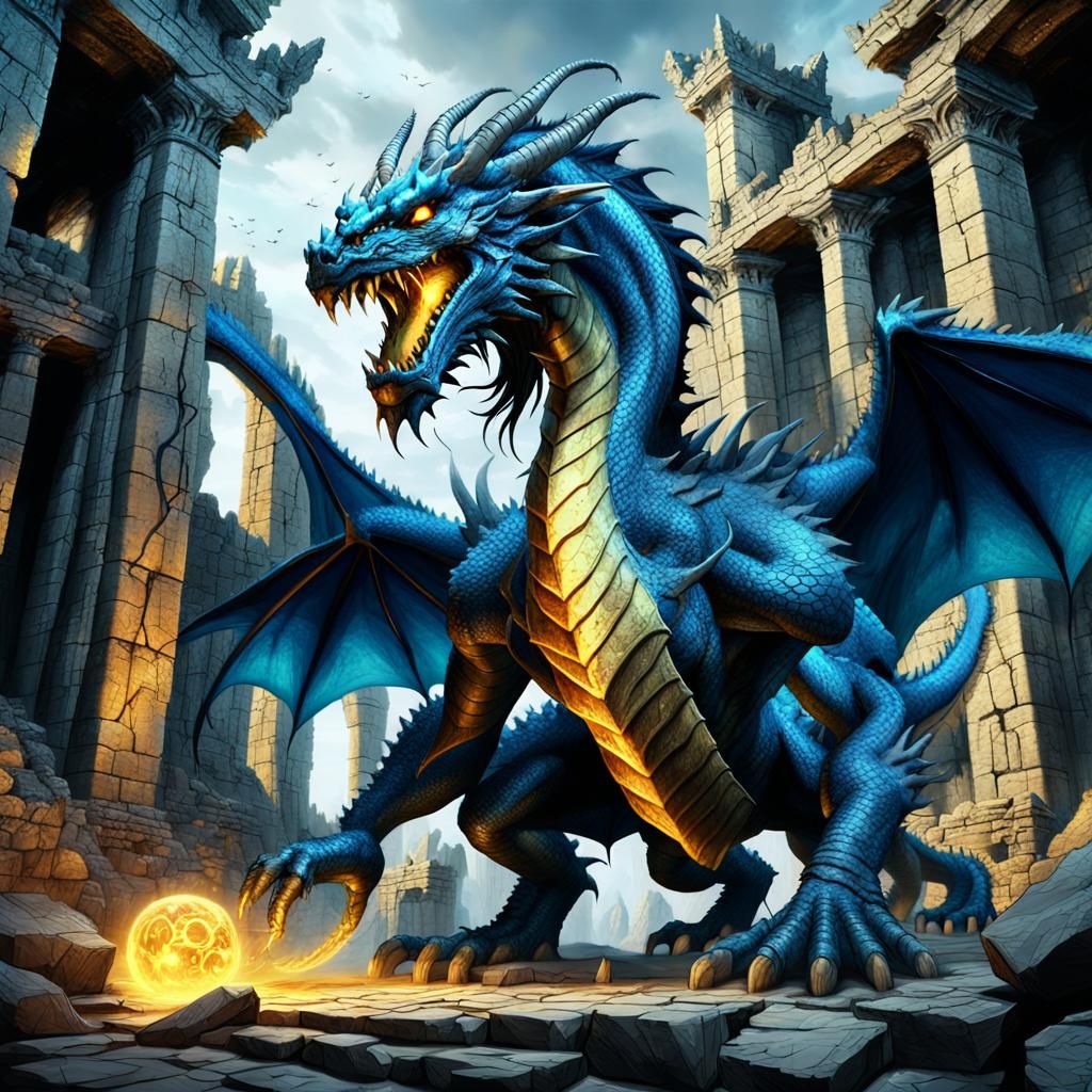 Giant Blue Dragon Roaring in Ancient Ruins
