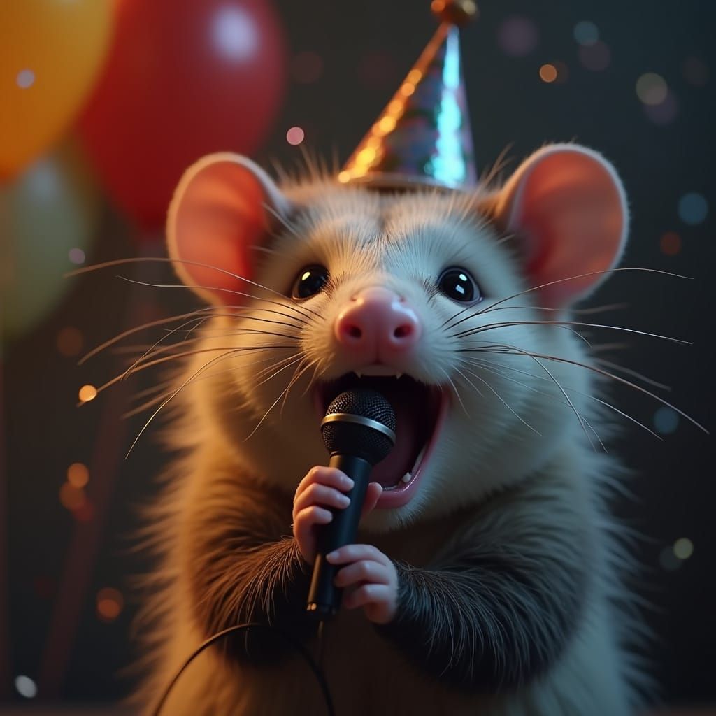 Vibrant Party Opossum in Moody Lighting