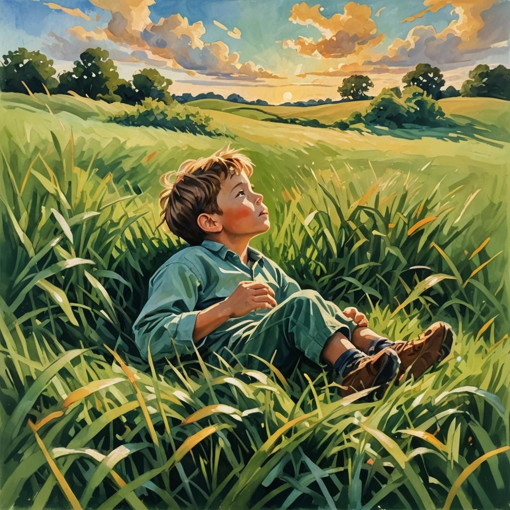 Impressionist Boy Gazing at Sky in Gouache Style