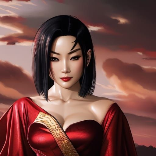 Woman in Red Kimono: Hyperdetailed Art Portrait