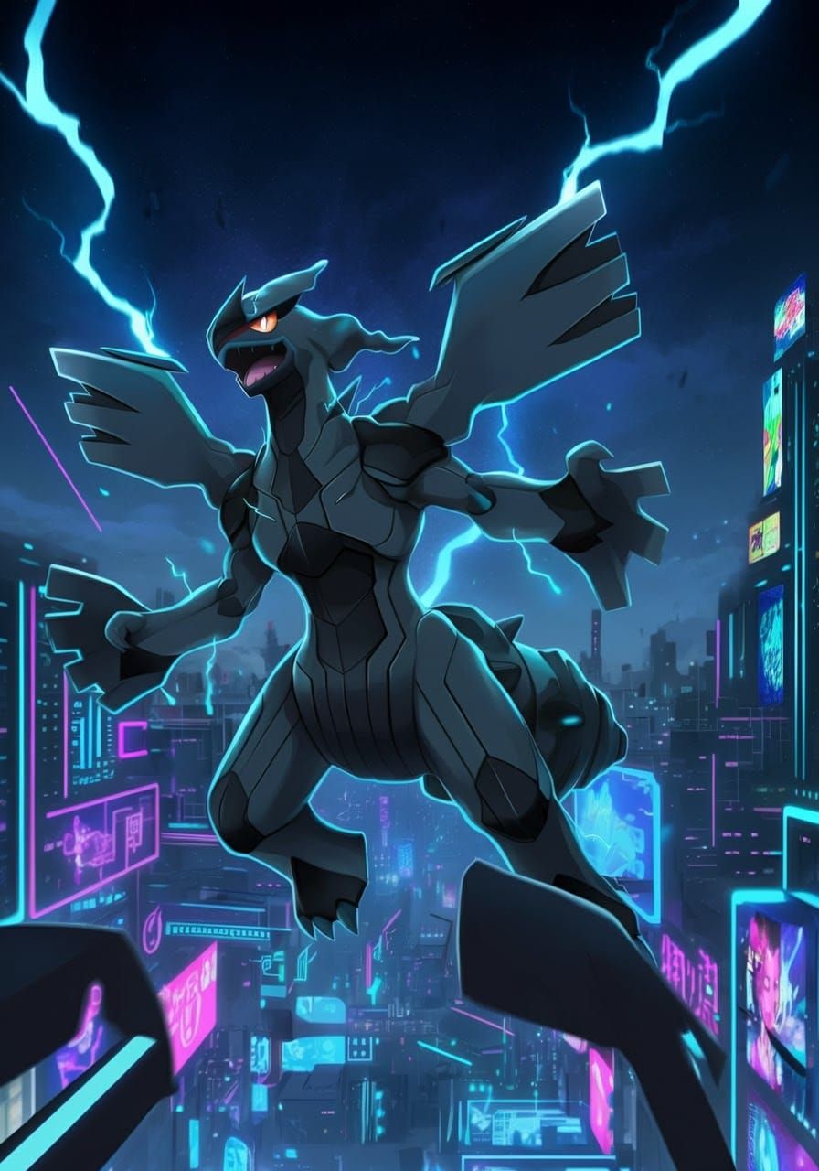 Zekrom Soars Through Cyberpunk Cityscape