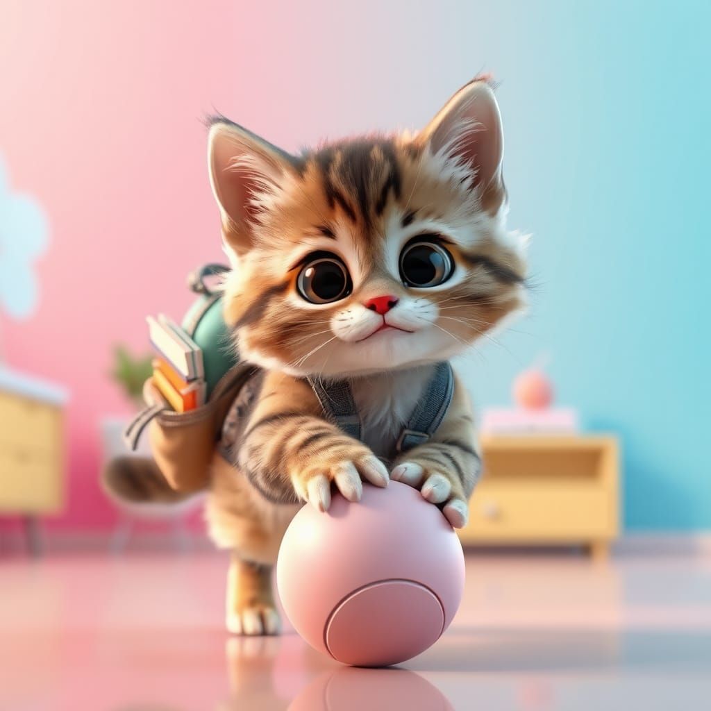 Adorable Kitten Plays: Pixar-Inspired 3D Digital Art