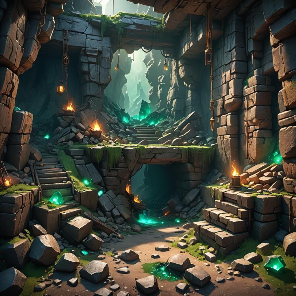 Forgotten Emerald Mine with Torches, Detailed Matte Painting