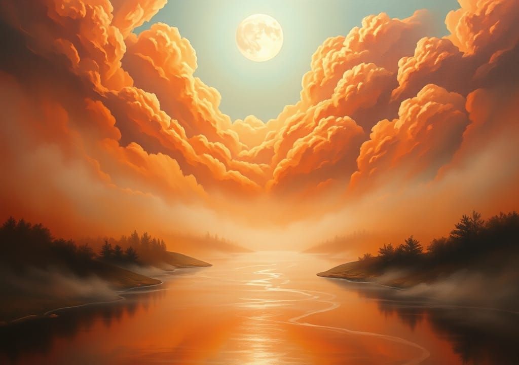 Ethereal River Reflects Fiery Sky: Impressionistic Landscape