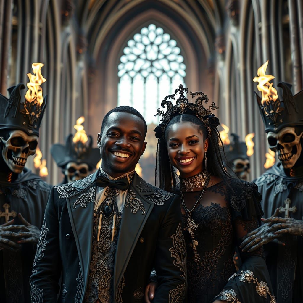 Gothic Couple Surrounded by Undead in Cathedral