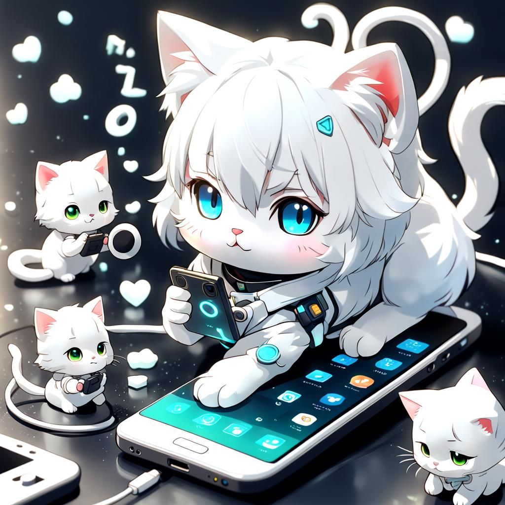 Cute Chibi Kitten Answering Phone, Anime Art