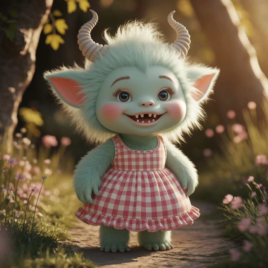 Whimsical Fuzzy Monster in Cozy Forest Glade