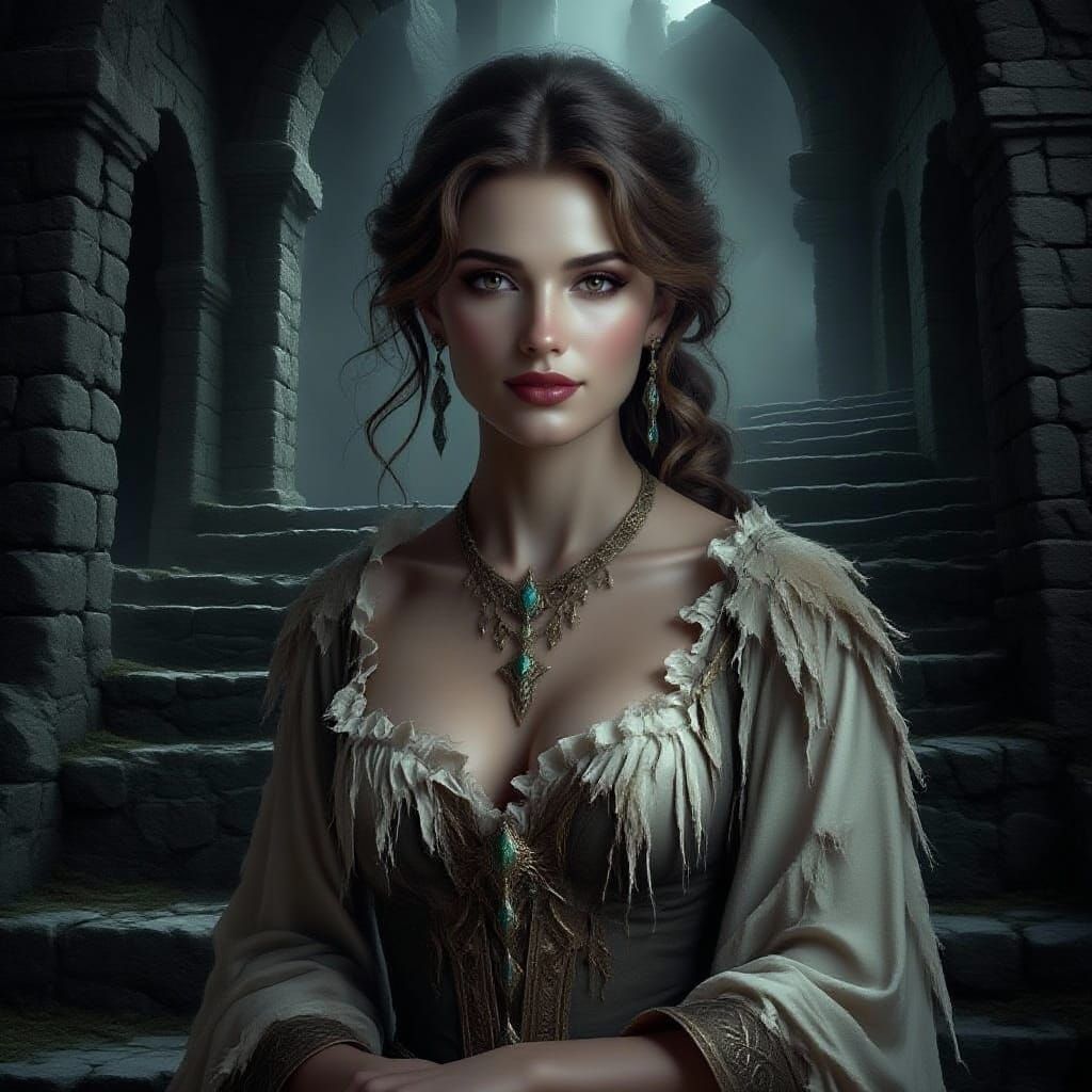 Sorceress at Crumbling Dungeon Stairs in Ethereal Glow