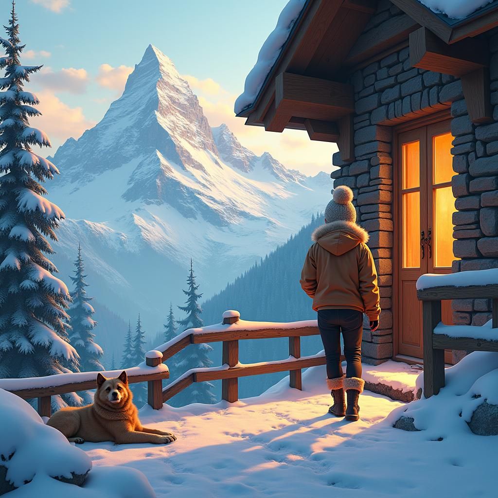 Mountain Chalet Scene in Dreamlike Concept Art Style