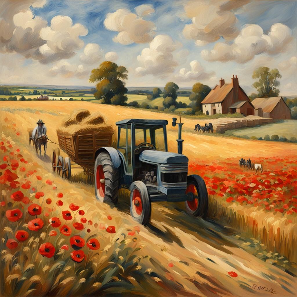 Constable-Style Wheat Field with Vintage Tractor